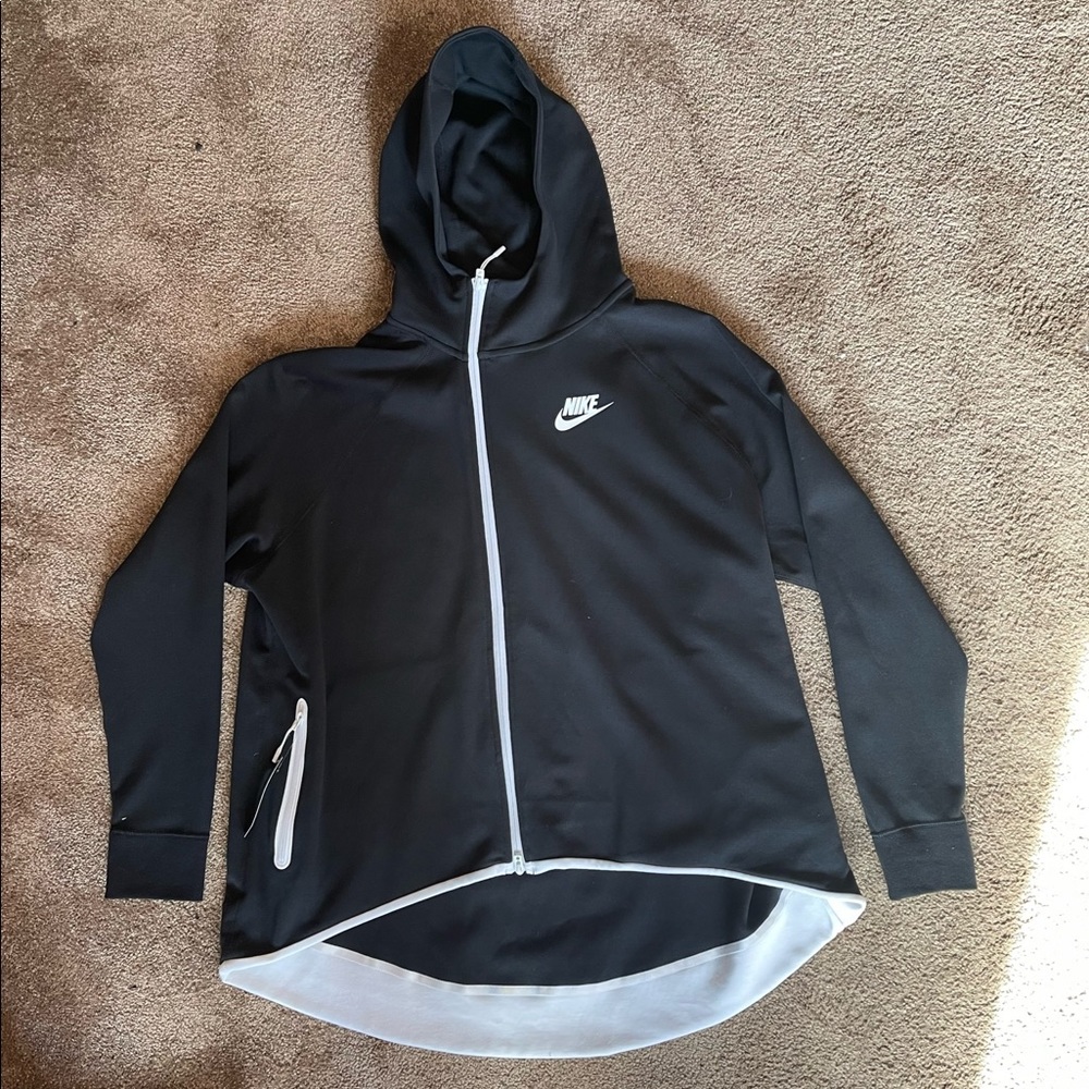 Nike Athletic Jacket:Hooded with offset zipper;black w/white trim/accent…